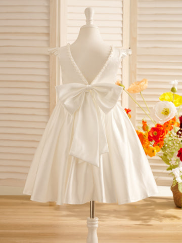 A-line Satin  Flutter Sleeves Knee-length Flower Girl Dress