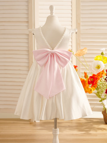 A-line Satin  Flutter Sleeves Knee-length Flower Girl Dress