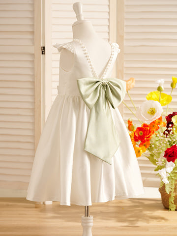 A-line Satin  Flutter Sleeves Knee-length Flower Girl Dress