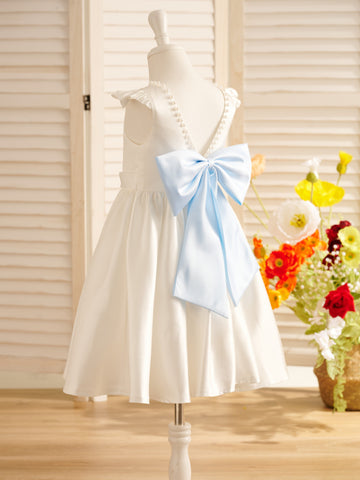 A-line Satin  Flutter Sleeves Knee-length Flower Girl Dress
