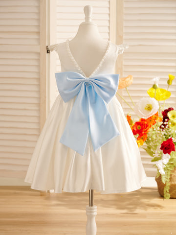 A-line Satin  Flutter Sleeves Knee-length Flower Girl Dress