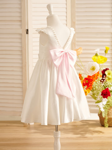 A-line Satin  Flutter Sleeves Knee-length Flower Girl Dress