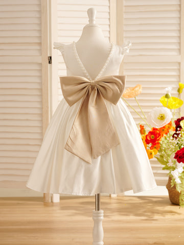 A-line Satin  Flutter Sleeves Knee-length Flower Girl Dress