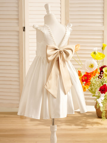 A-line Satin  Flutter Sleeves Knee-length Flower Girl Dress