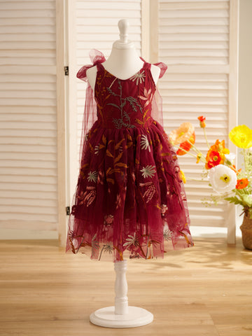 Burnt Orange Lace Tulle Embroidered Toddler Knee Length Flower Girl Dress