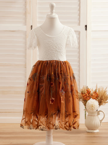Burnt Orange White Lace Tulle Embroidered Knee Length Flower Girl Dress