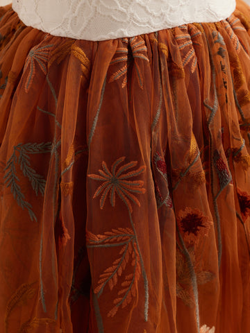 Burnt Orange White Lace Tulle Embroidered Knee Length Flower Girl Dress