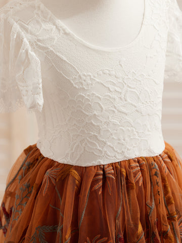 Burnt Orange White Lace Tulle Embroidered Knee Length Flower Girl Dress