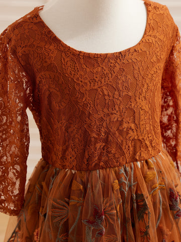 Burnt Orange Lace Tulle Embroidered Ankle Length Flower Girl Dress