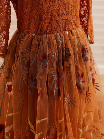 Burnt Orange Lace Tulle Embroidered Ankle Length Flower Girl Dress