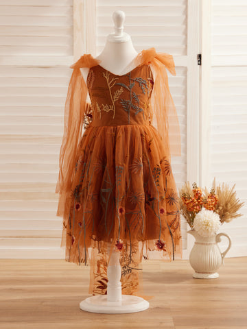 Burnt Orange Lace Tulle Embroidered Toddler Knee Length Flower Girl Dress