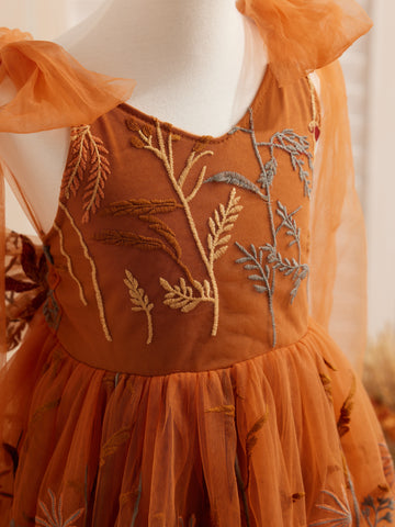 Burnt Orange Lace Tulle Embroidered Toddler Knee Length Flower Girl Dress