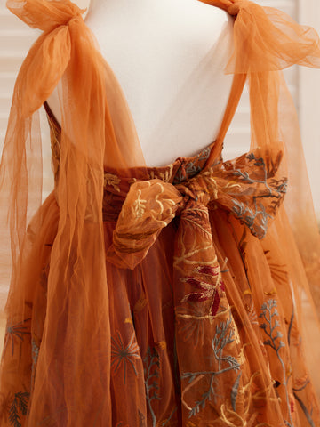 Burnt Orange Lace Tulle Embroidered Toddler Knee Length Flower Girl Dress