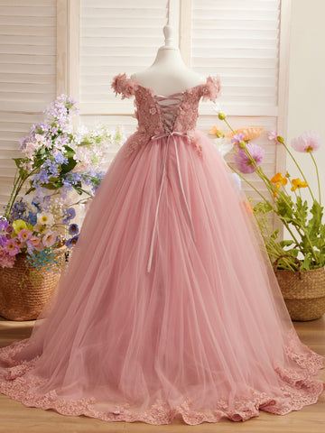 Ball-Gown/Princess Lace Sweep Train Pink Birthday Dress