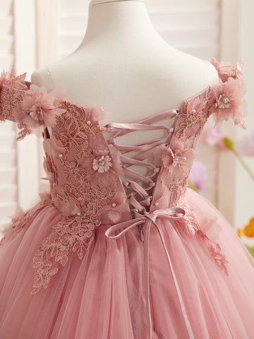 Ball-Gown/Princess Lace Sweep Train Pink Birthday Dress