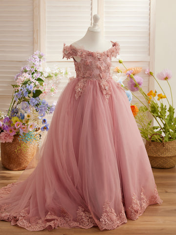 Ball-Gown/Princess Lace Sweep Train Pink Birthday Dress