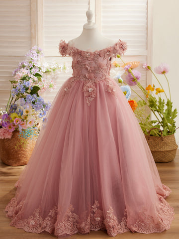 Ball-Gown/Princess Lace Sweep Train Pink Birthday Dress
