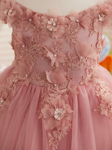 Ball-Gown/Princess Lace Sweep Train Pink Birthday Dress