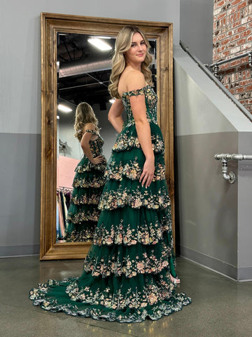 A Line Off the Shoulder Corset Prom Dress with Lace Ruffles