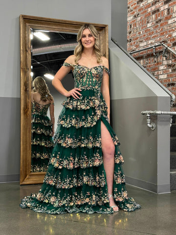 A Line Off the Shoulder Corset Prom Dress with Lace Ruffles