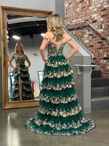 A Line Off the Shoulder Corset Prom Dress with Lace Ruffles