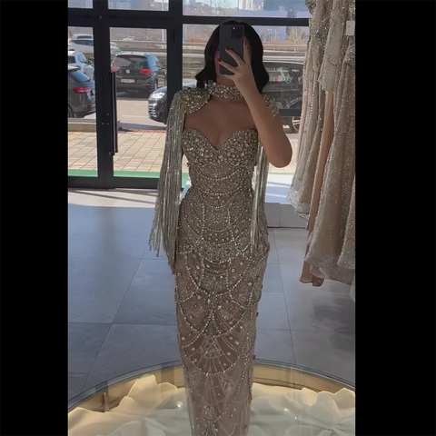 2025 Nude Strapless Evening Gown with Beaded Tassel and Detachable Fringe Short Cape for Formal Occasion LA72876