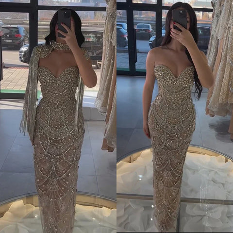 2025 Nude Strapless Evening Gown with Beaded Tassel and Detachable Fringe Short Cape for Formal Occasion LA72876