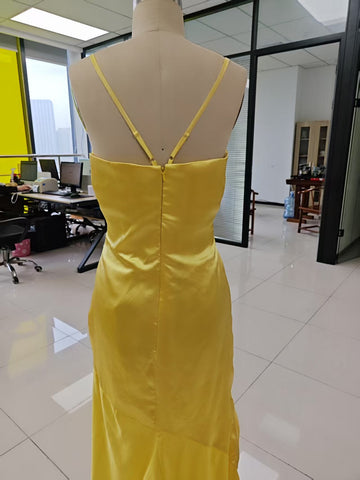 Spaghetti Strap Satin Prom Dresses Long A Line Pleated Corset Bridesmaid Formal Dress with Slit