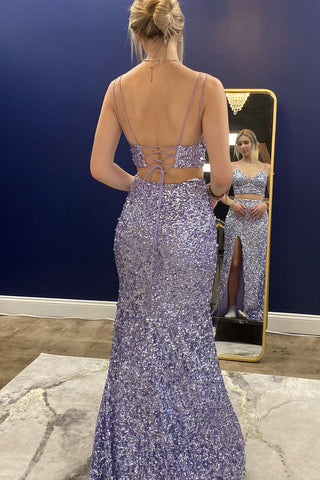 Robe de bal sirène deux pièces bleu clair à sequins avec fente