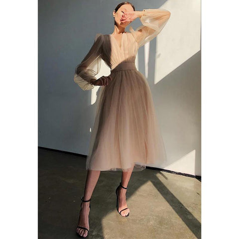 Vestido largo sexy de manga larga con cuello en V para cumpleaños 