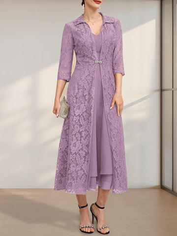 A-line V-Neck Tea-Length Chiffon Mother of the Bride Dress