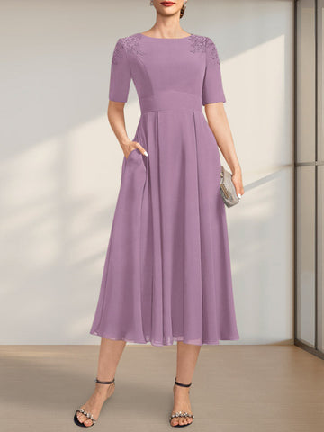 A-line Scoop Tea-Length Chiffon Mother of the Bride Dress With Appliques Lace Sequins