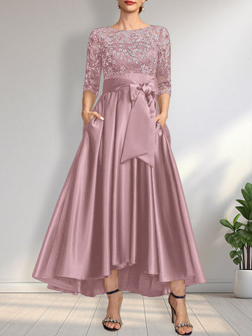 A-line Scoop Illusion Asymmetrical Satin Lace Mother of the Bride Dress With Bow