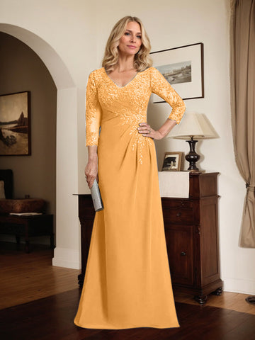 Sheath/Column V-Neck Illusion Floor-Length Lace Chiffon Mother of the Bride Dress With Pleated Sequins