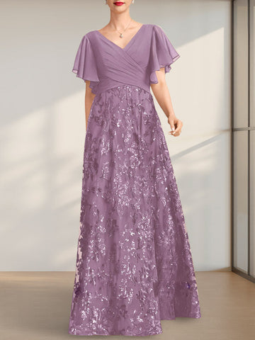A-line V-Neck Floor-Length Lace Sequin Chiffon Mother of the Bride Dress With Pleated