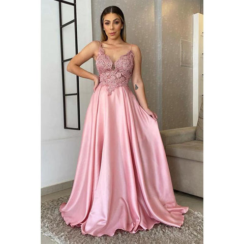 Vestido de noche formal largo con apliques de encaje y tirantes finos para mujer 