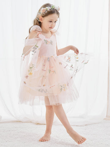 A-Line Sleeveless Floral Embroidered Tulle Toddler Flower Girl Dress