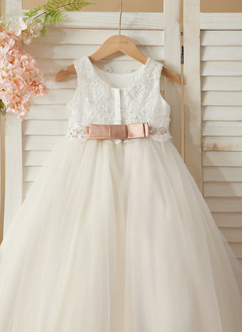 Ball-Gown/Princess Tulle Sweep Train Ivory  Flower Girl Dress