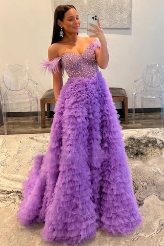 Off the Shoulder Tulle Tiered A-Line Long Corset Prom Dress with Feather