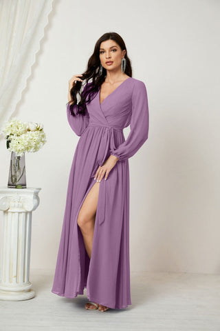Sunnderly Evening Dresses Deep V-Neck Chiffon Bridesmaid Dresses Long Bishop Sleeve Side Split Formal Dress SY2806