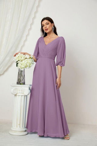 Baoleely  Formal Prom Gown Women V-Neck Chiffon Bridesmaid Dresses Long Bishop Sleeve Party Dress 2807
