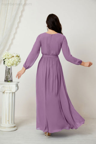 Sunnderly Evening Dresses Deep V-Neck Chiffon Bridesmaid Dresses Long Bishop Sleeve Side Split Formal Dress SY2806