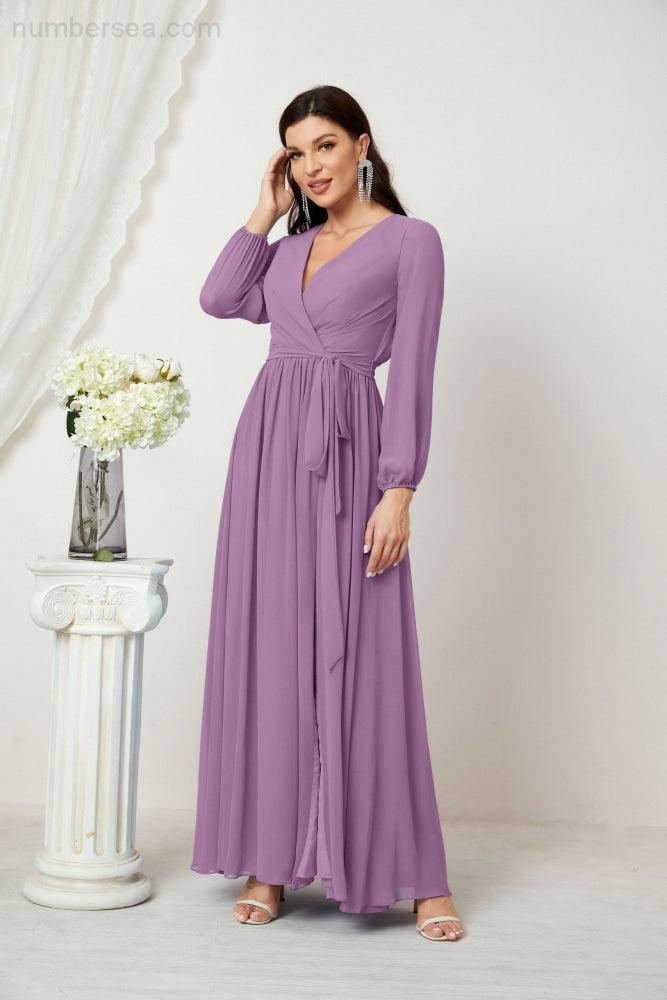 Numbersea Evening Dresses Deep V-Neck Chiffon Bridesmaid Dresses Long Bishop Sleeve Side Split Formal Dress 2806