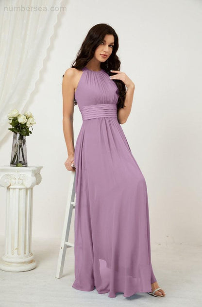 Numbersea Formal Party Gown Dress Chiffon Halter Long Sleeveless Bridesmaid Dresses 2802