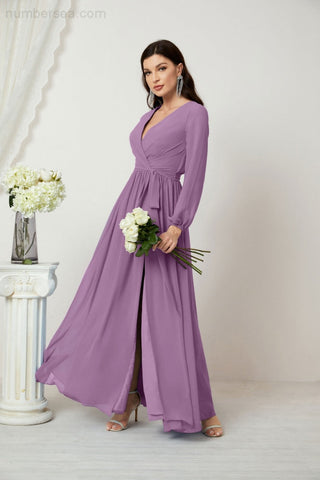 Sunnderly Evening Dresses Deep V-Neck Chiffon Bridesmaid Dresses Long Bishop Sleeve Side Split Formal Dress SY2806