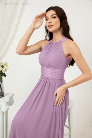 Baoleely Formal Party Gown Dress Chiffon Halter Long Sleeveless Bridesmaid Dresses 2802