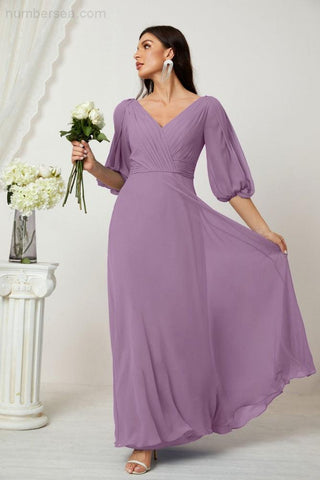 Baoleely  Formal Prom Gown Women V-Neck Chiffon Bridesmaid Dresses Long Bishop Sleeve Party Dress 2807