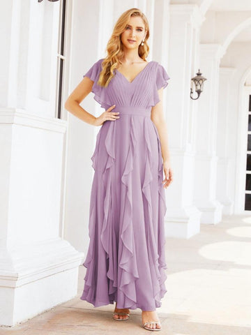 Robe de demoiselle d'honneur à volants et manches longues, robe de soirée formelle 28041 