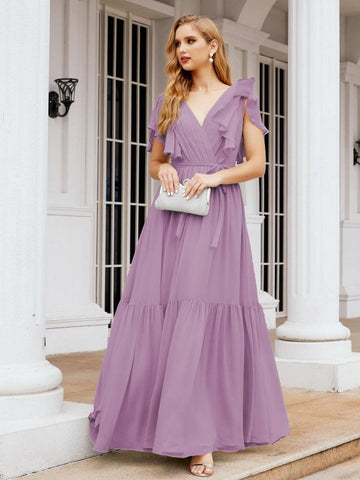 Baoleely Women's Open Back Formal Evening Party Prom Gowns V-Neck Long Chiffon Bridesmaid Dresses with Waist Belt 28038