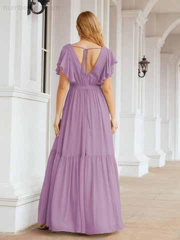 Baoleely Women's Open Back Formal Evening Party Prom Gowns V-Neck Long Chiffon Bridesmaid Dresses with Waist Belt 28038